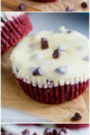 3 images of mini red velvet cheesecakes