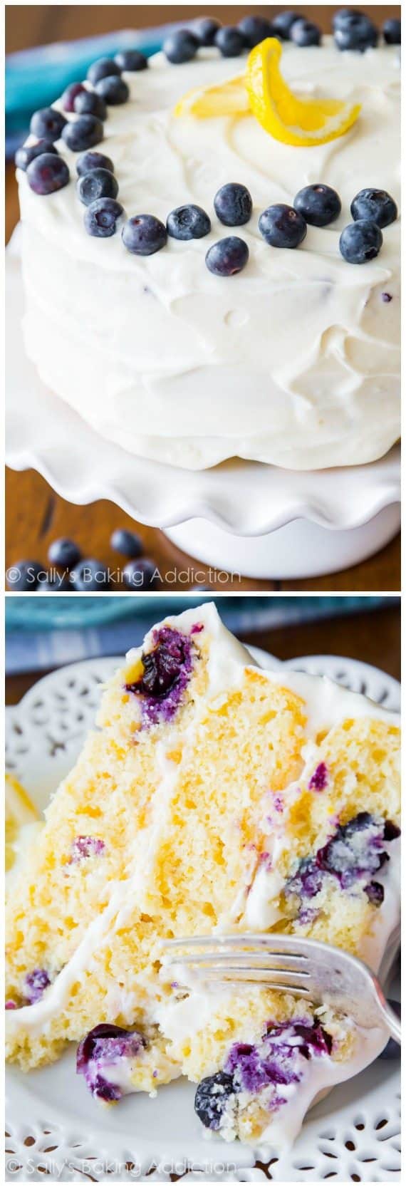 2 images of lemon blueberry cake on cake stand and a slice on a white plate