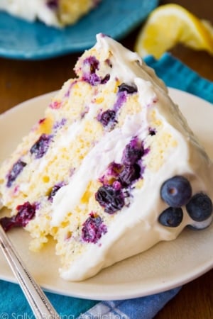 slice of lemon blueberry cake on a plate