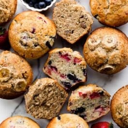 bakery style muffins including banana muffins and berry muffins