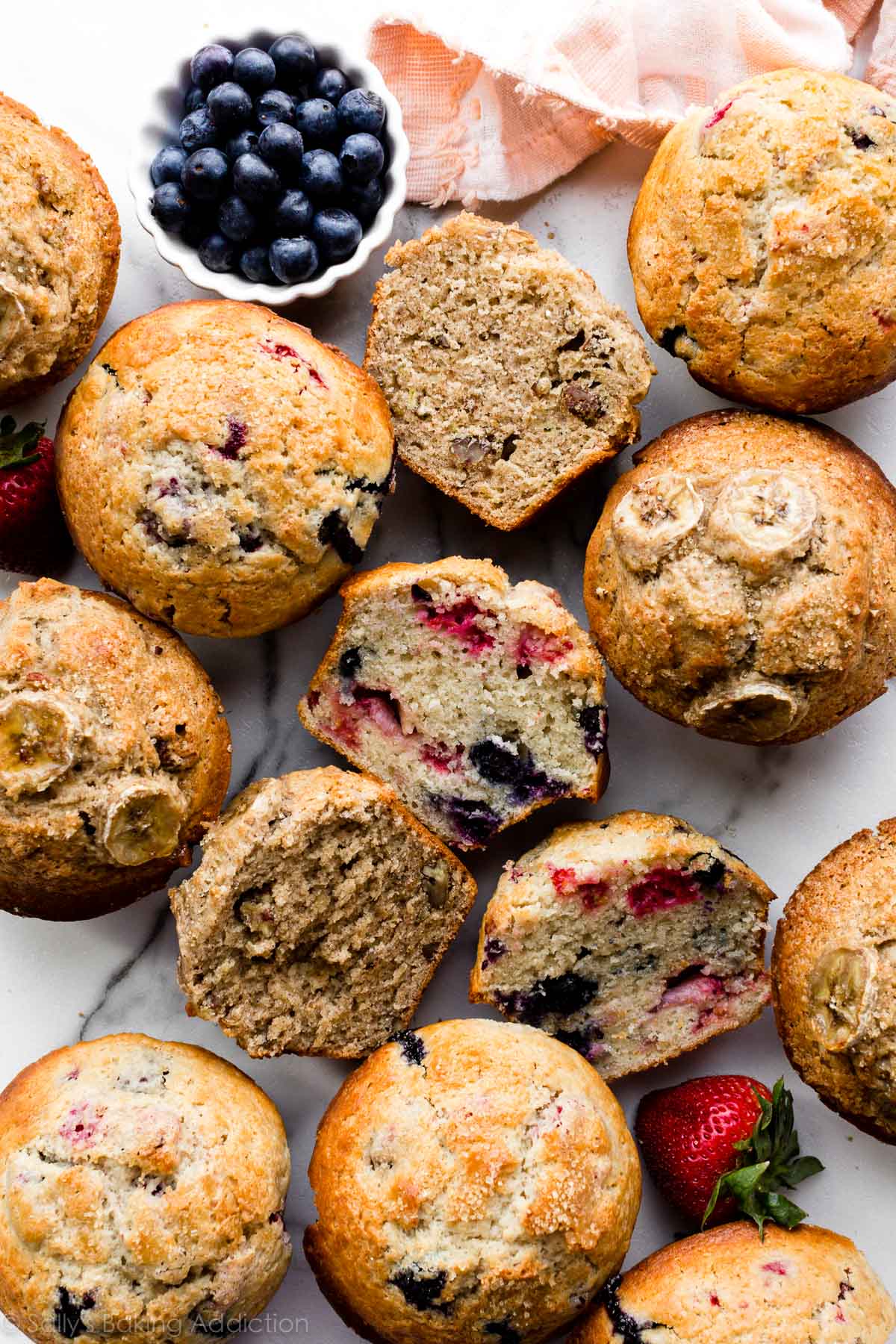 bakery style muffins including banana muffins and berry muffins
