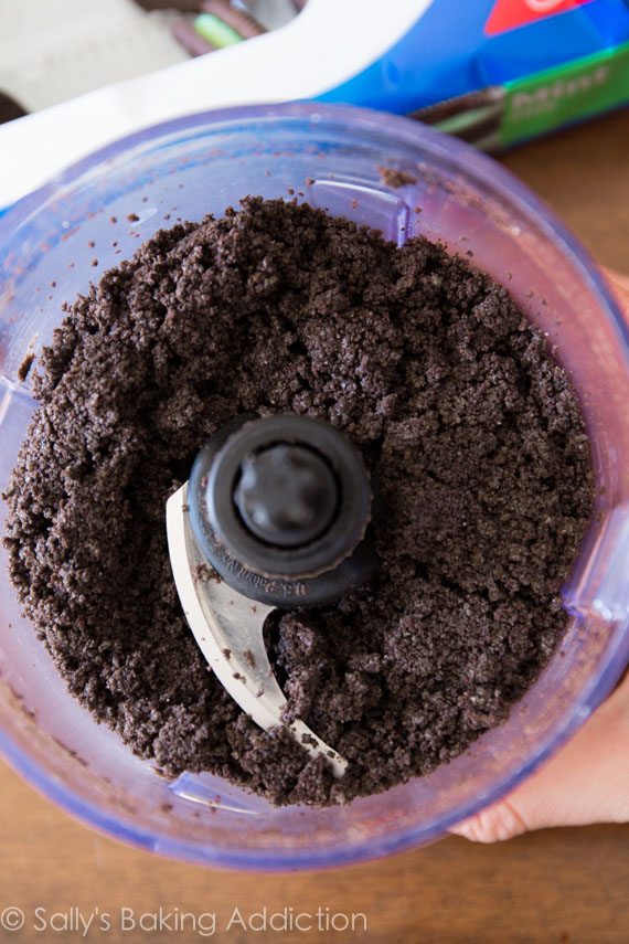mint Oreo cookie crumbs in a food processor