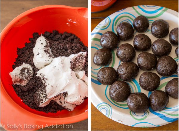 2 images of Oreos and cream cheese in a bowl and Oreo mixture formed into balls on a paper plate