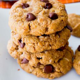 stack of flourless peanut butter oatmeal cookies
