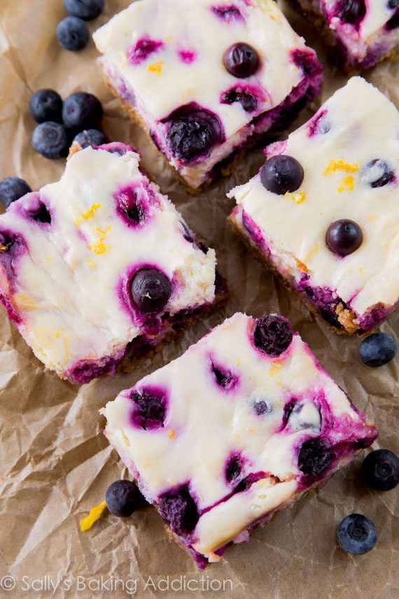 overhead image of lemon blueberry cheesecake bars.