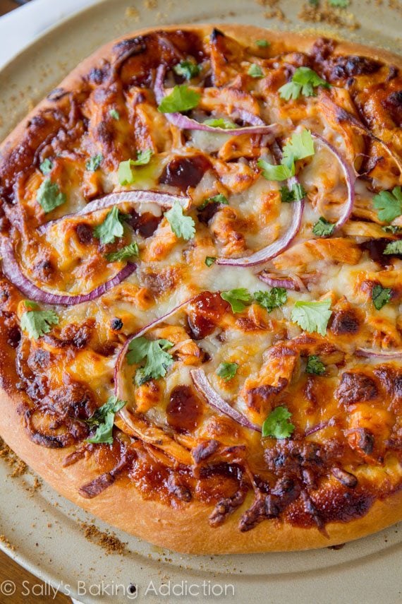 Homemade BBQ Chicken Pizza on a pizza pan