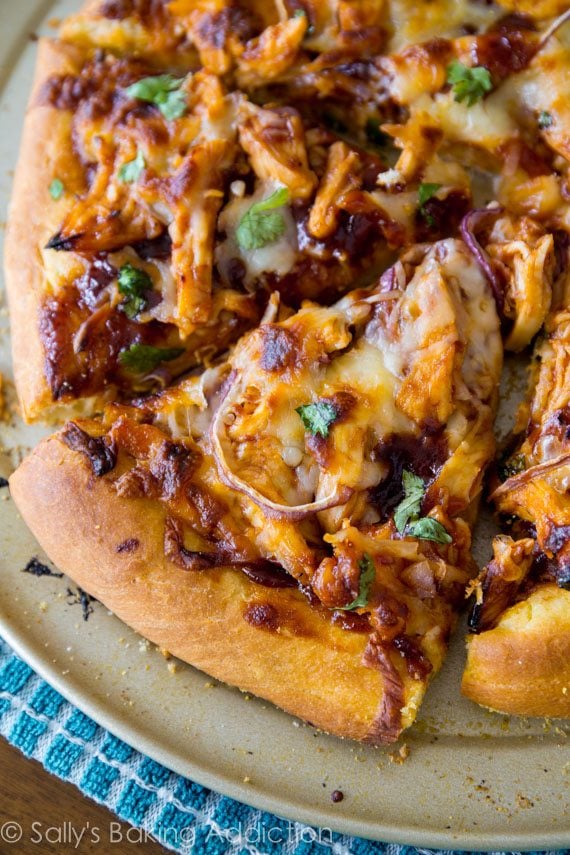 Homemade BBQ Chicken Pizza on a pizza pan