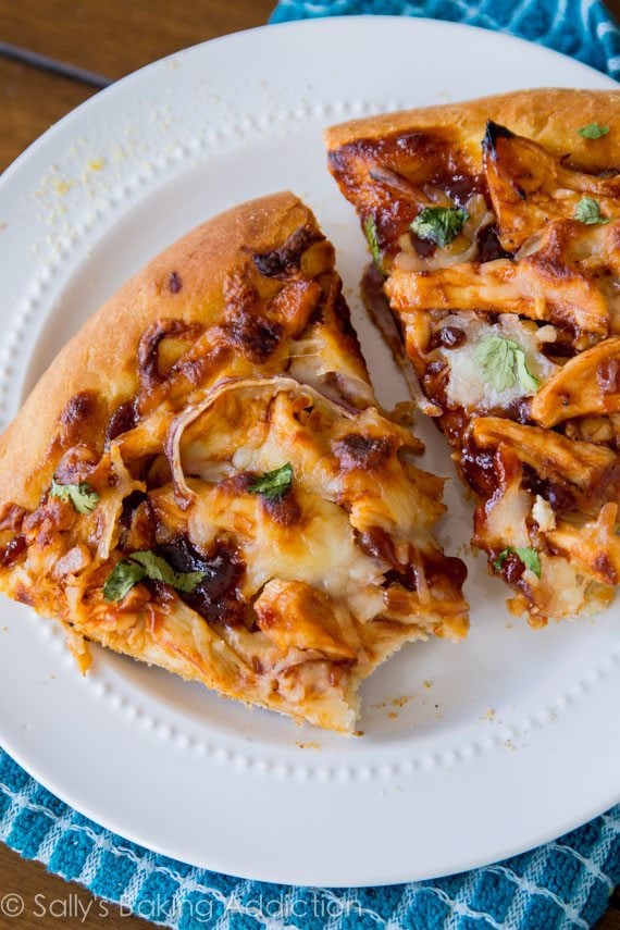 slices of BBQ Chicken Pizza on a white plate