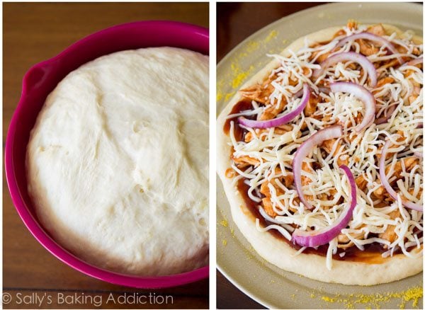 2 images of pizza dough in a pink bowl and bbq chicken pizza before baking