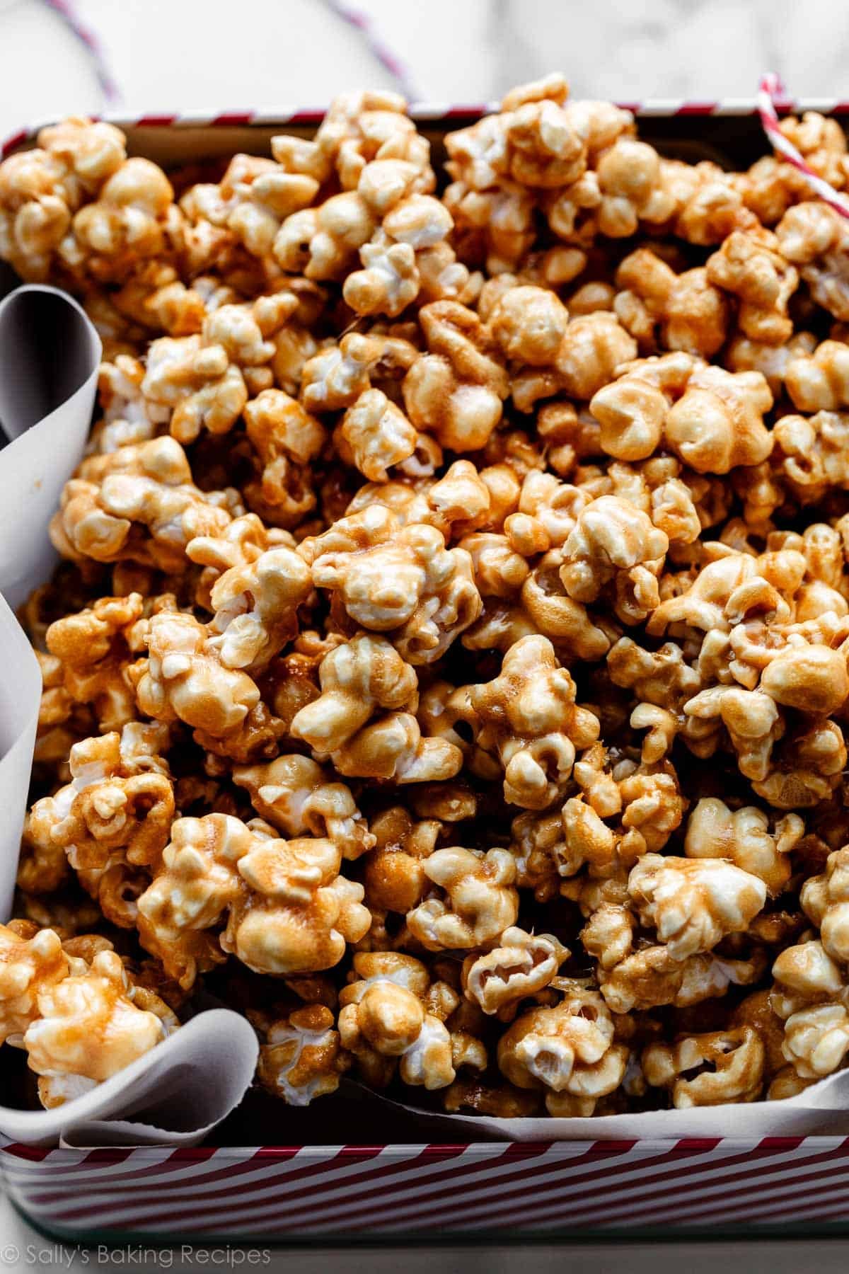 close-up of caramel popcorn in tin.