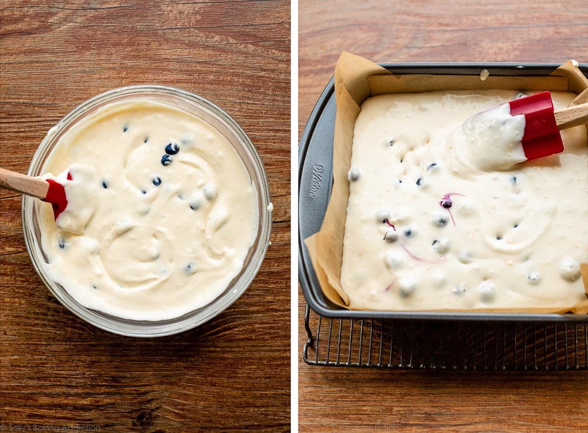 lemon cream cheese batter with blueberries mixed together in bowl and shown again spread into baking pan.