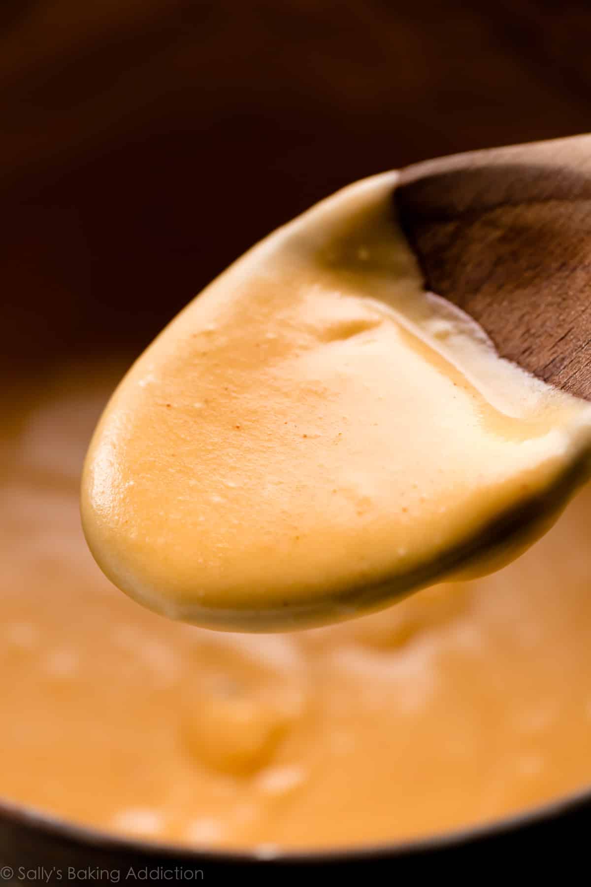 wooden spoon dipped into nacho cheese sauce