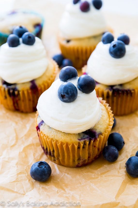 blueberry cupcakes topped with cream cheese frosting and fresh blueberries