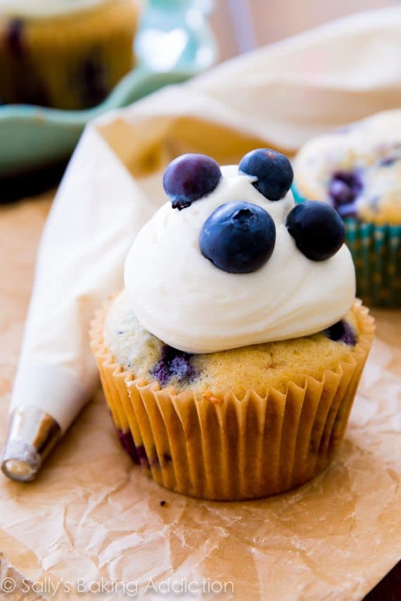 cream cheese frosting on blueberries n cream cupcake