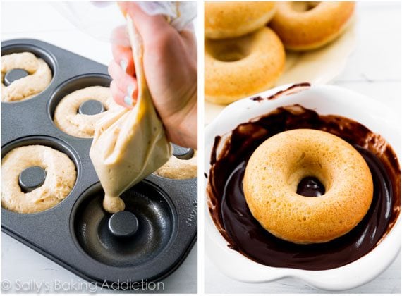 2 images of a hand squeezing donut batter in a bag into a donut pan and a donut dipped into a white bowl of chocolate glaze