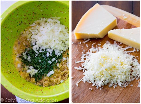 2 images of quinoa patty mixture in a green bowl and shredded block of cheese on a wood board