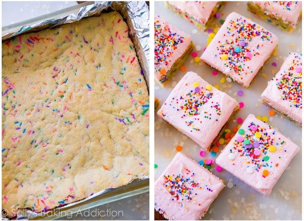 2 images of sugar cookie bars in a baking pan before slicing and sugar cookie bars topped with pink frosting and sprinkles