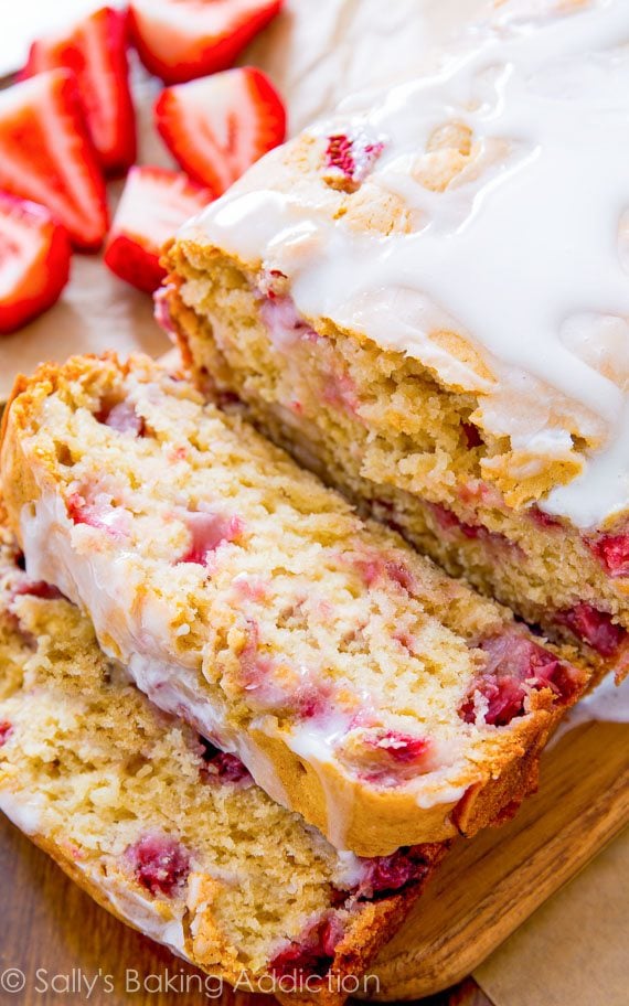 glazed strawberry bread loaf with slices