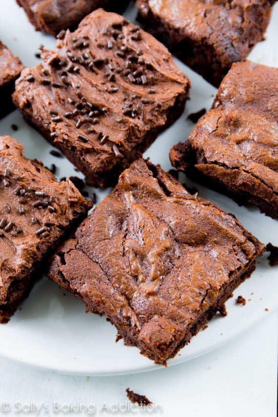 overhead image of brownies on a white plate