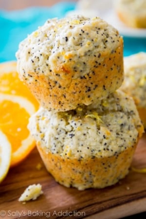 stack of 2 orange lemon poppy seed muffins