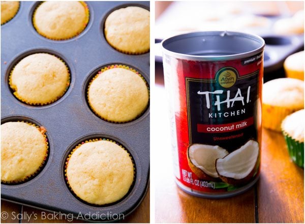 2 images of pineapple coconut cupcakes in a cupcake pan and a can of coconut milk