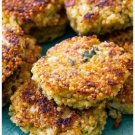3 images of crispy quinoa patties including patty mixture in a green bowl and cooked patties