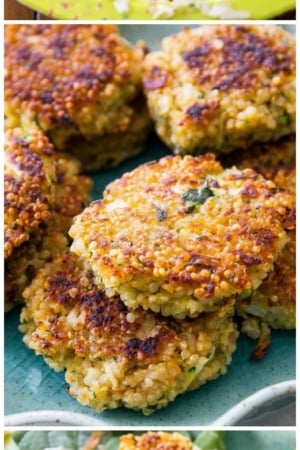 3 images of crispy quinoa patties including patty mixture in a green bowl and cooked patties