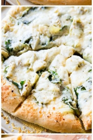 3 images of spinach artichoke pizza