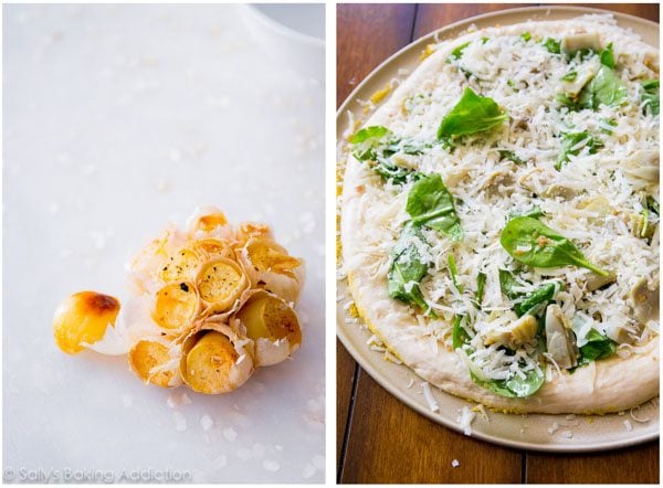 2 images of roasted garlic and assembled pizza on a pizza pan before baking