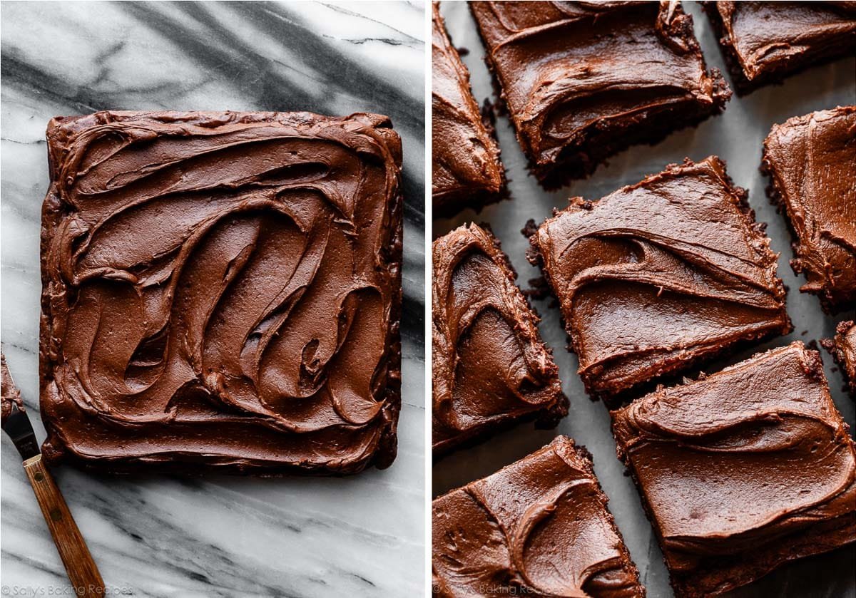 chocolate frosting on brownies.