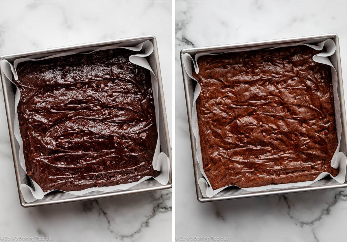 batter in square pan before and after baking.