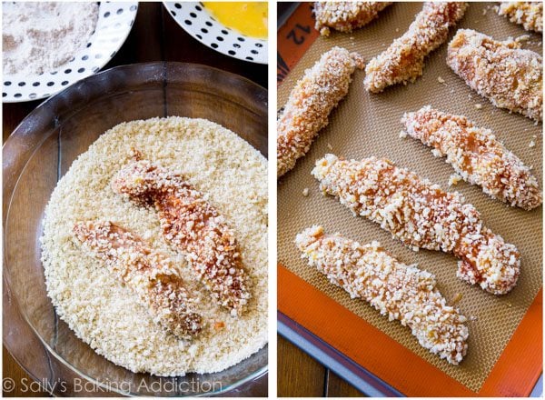 2 images of chicken fingers in coating in a glass bowl and coated chicken fingers on a silpat baking mat before baking