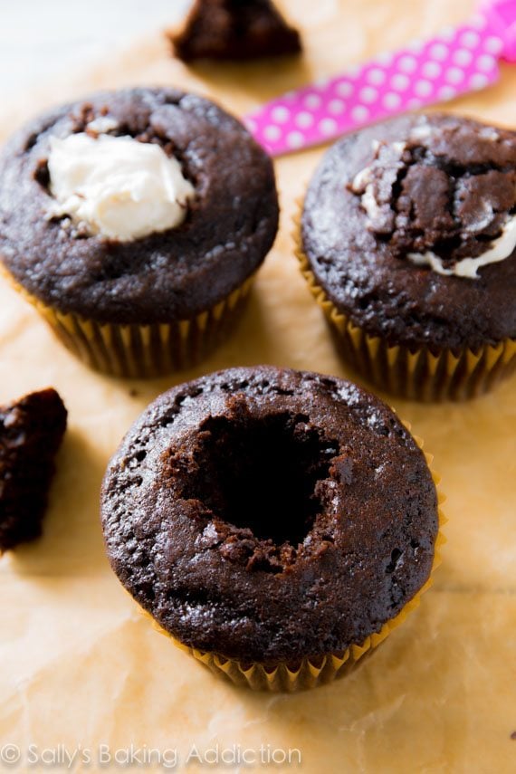 chocolate cupcakes with the centers cut out