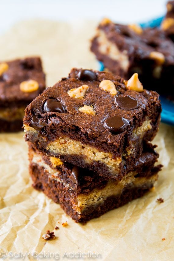stack of 2 peanut butter stuffed brownies