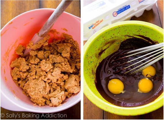2 images of peanut butter filling in a pink bowl with a spatula and brownie batter in a green bowl with a whisk