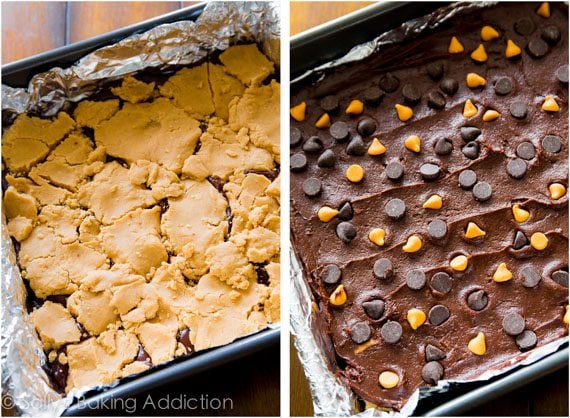 2 images of brownie batter topped with peanut butter filling in a baking pan lined with foil and brownie batter topped with peanut butter chips and chocolate chips before baking in a baking pan lined with foil