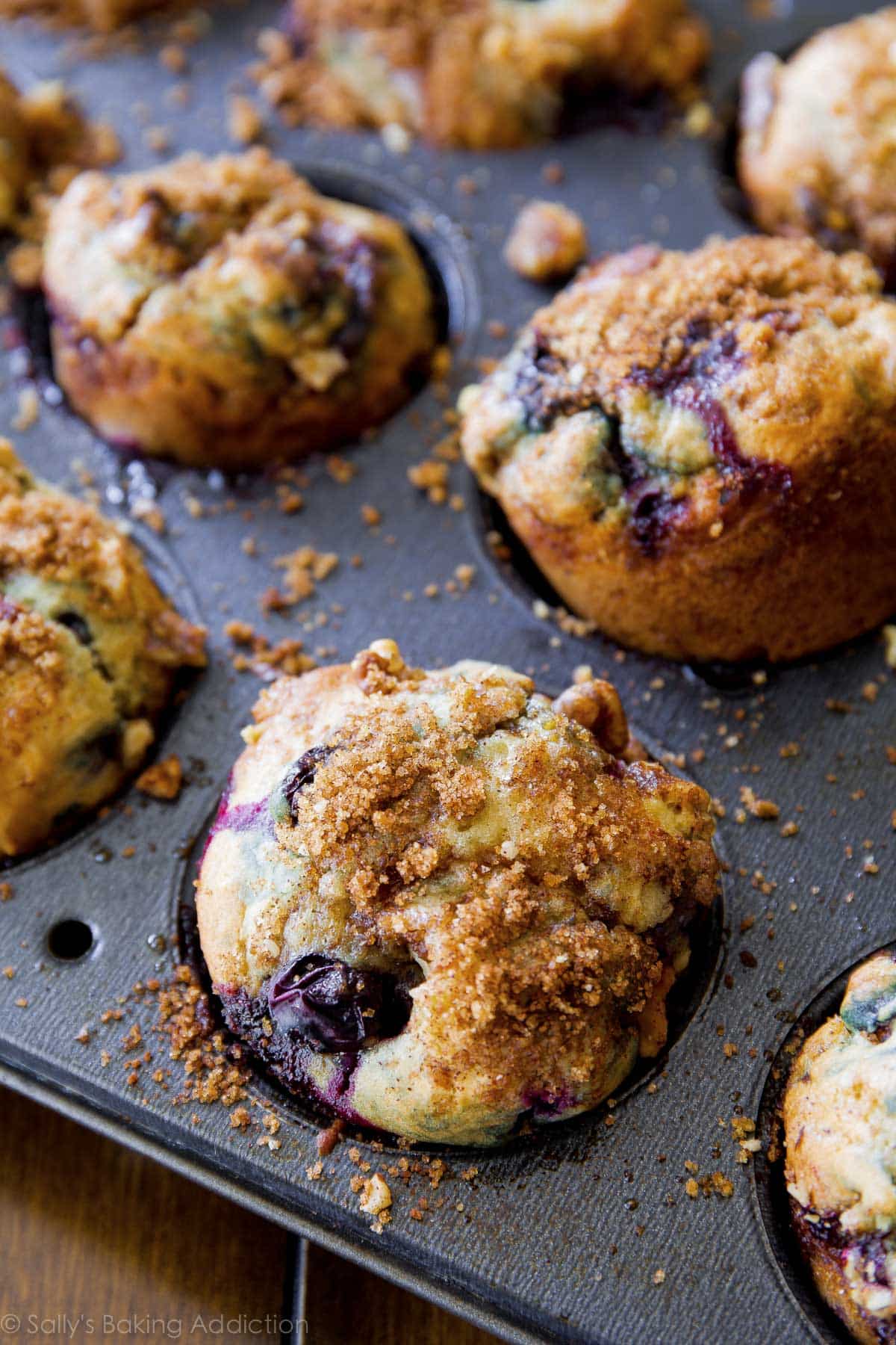 Blueberry muffins with streusel topping in muffin pan