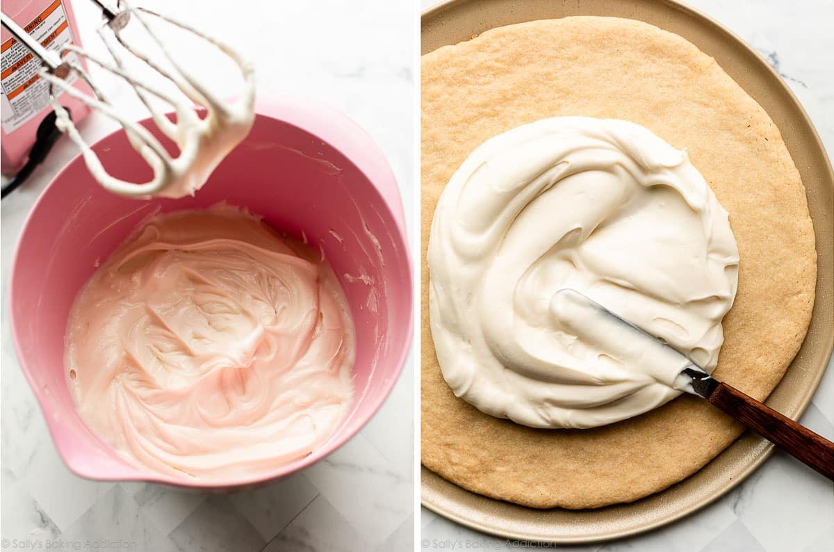 cream cheese frosting in pink mixing bowl and being spread onto sugar cookie crust.