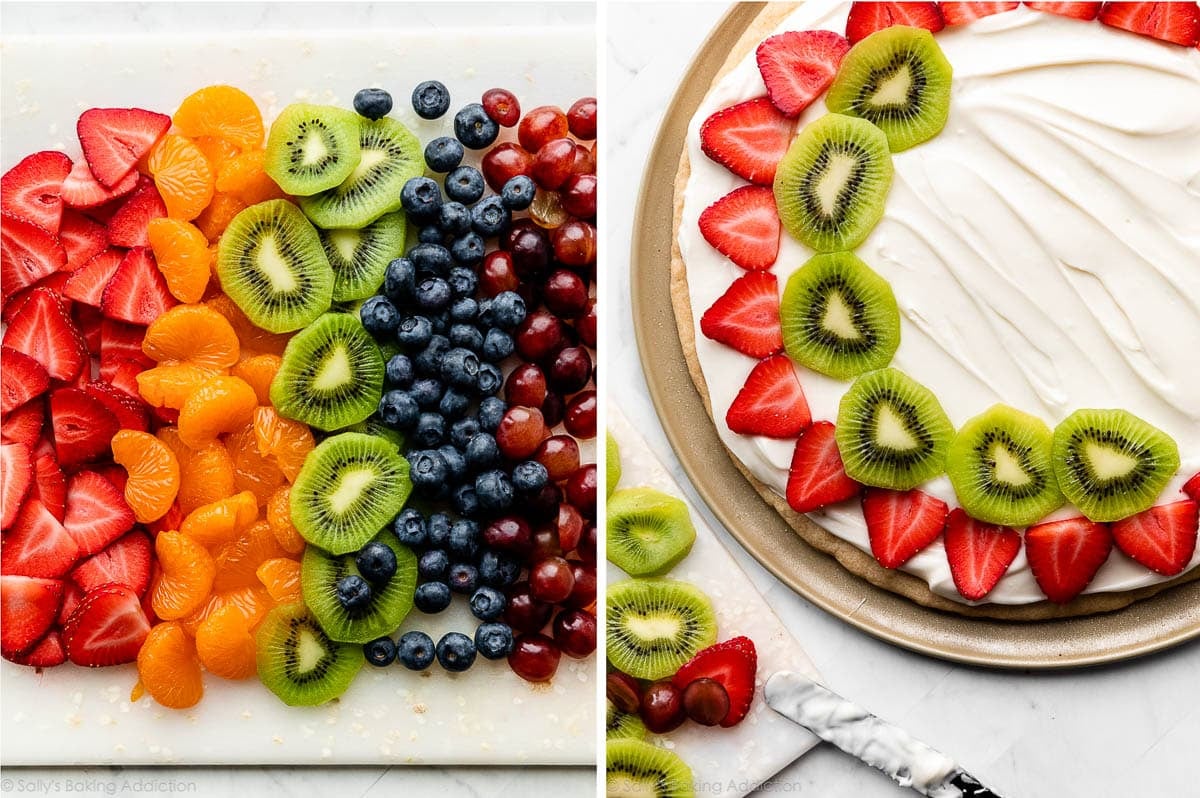 sliced fruit in rainbow order on cutting board and decorating sugar cookie crust.