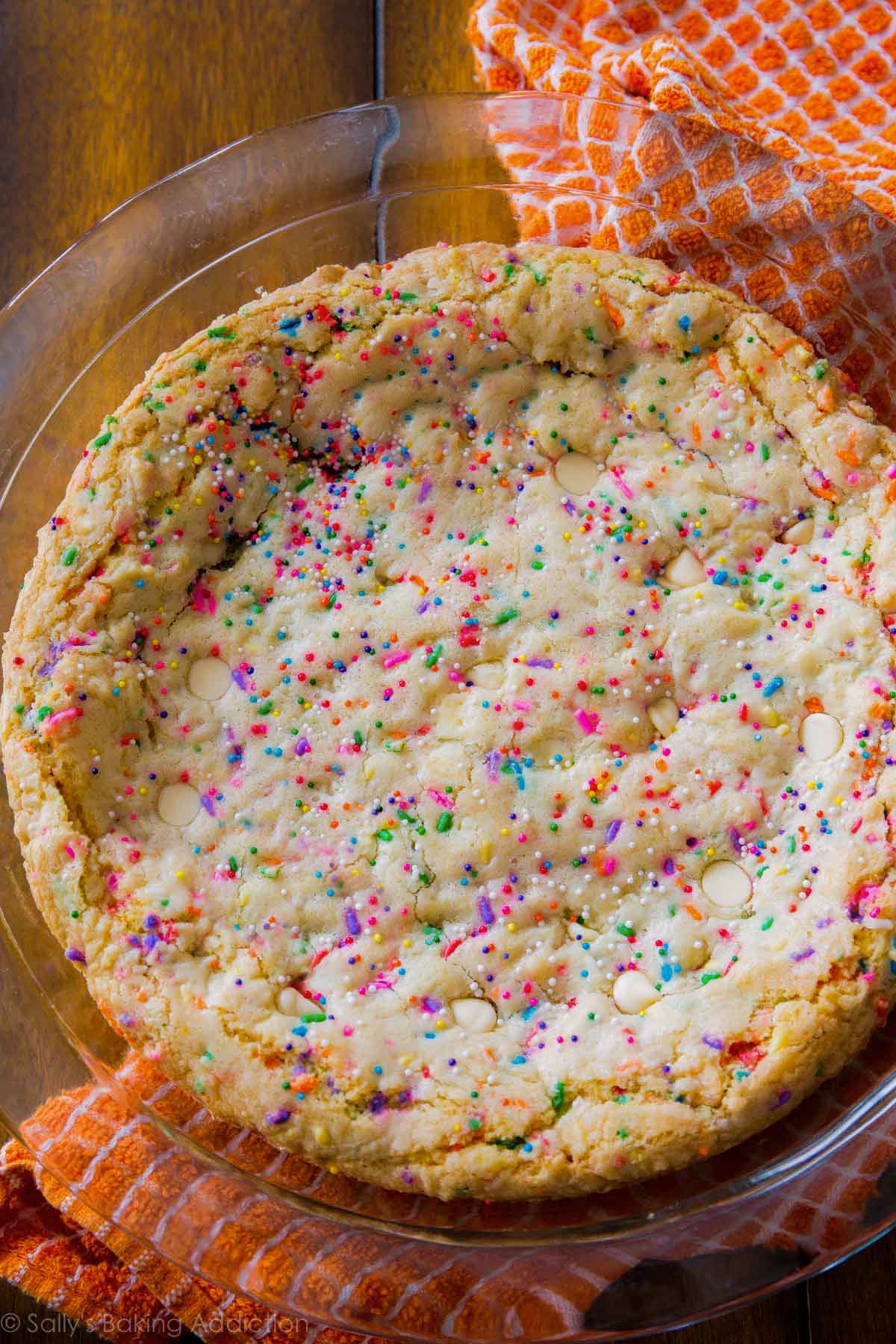 funfetti sugar cookie cake in a glass baking dish after baking