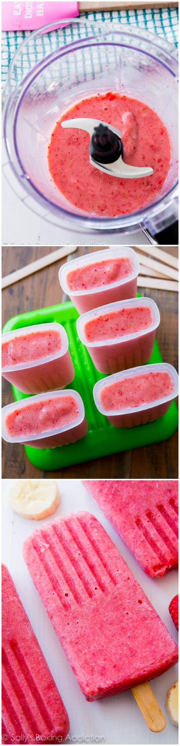 3 images of strawberry banana popsicle mixture in a blender and in popsicle molds and frozen popsicles