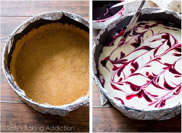 2 images of graham cracker crust in a springform pan and blueberry swirl cheesecake in a springform pan before baking