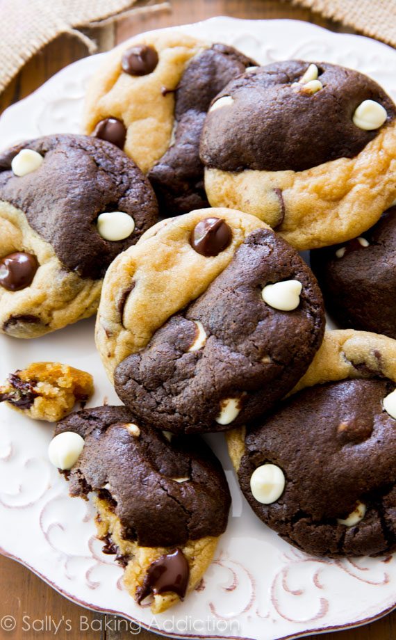 double chocolate chip swirl cookies on a white plate