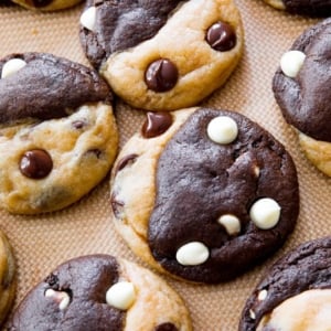 double chocolate chip swirl cookies on a silpat baking mat