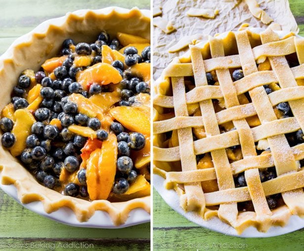 2 images of blueberry peach filling in a pie dish and lattice pie dough on top of blueberry peach pie filling