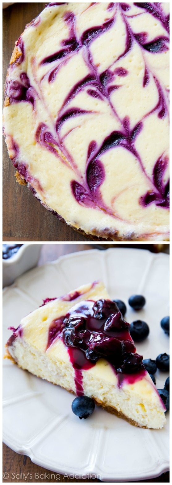 2 images of blueberry swirl cheesecake