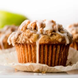 Apple cinnamon muffin with vanilla icing on top