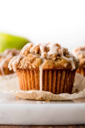 Apple cinnamon muffin with vanilla icing on top