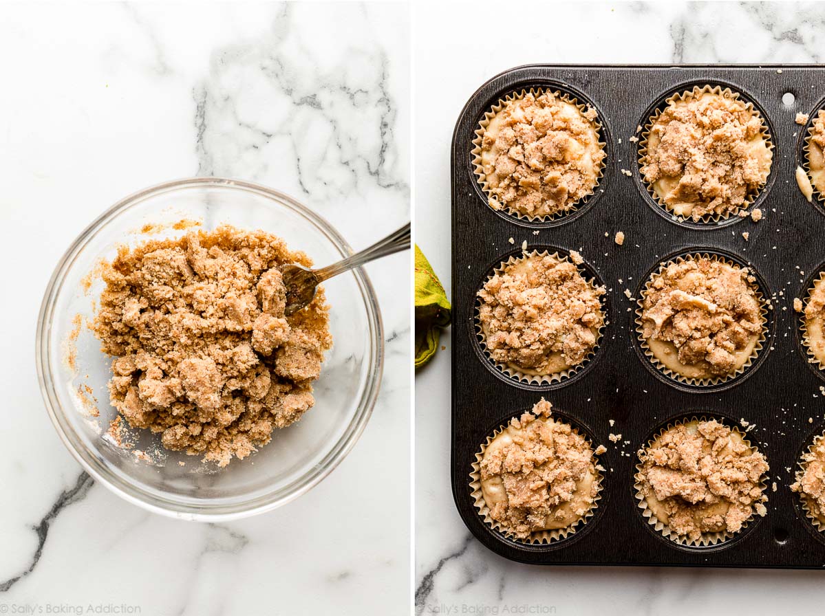 crumb topping shown in bowl and on top of muffin batter