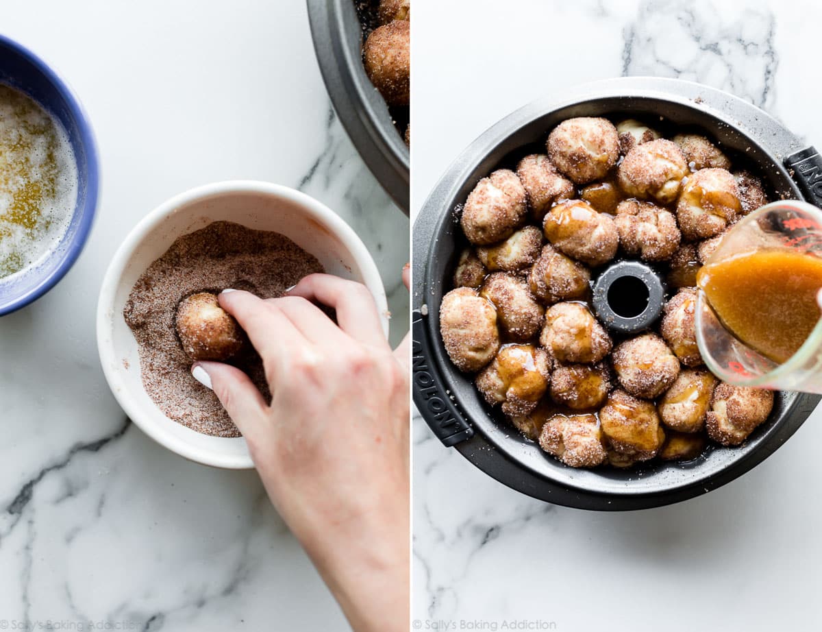 2 images of rolling monkey bread dough balls and pouring coating on top of dough balls in bundt pan